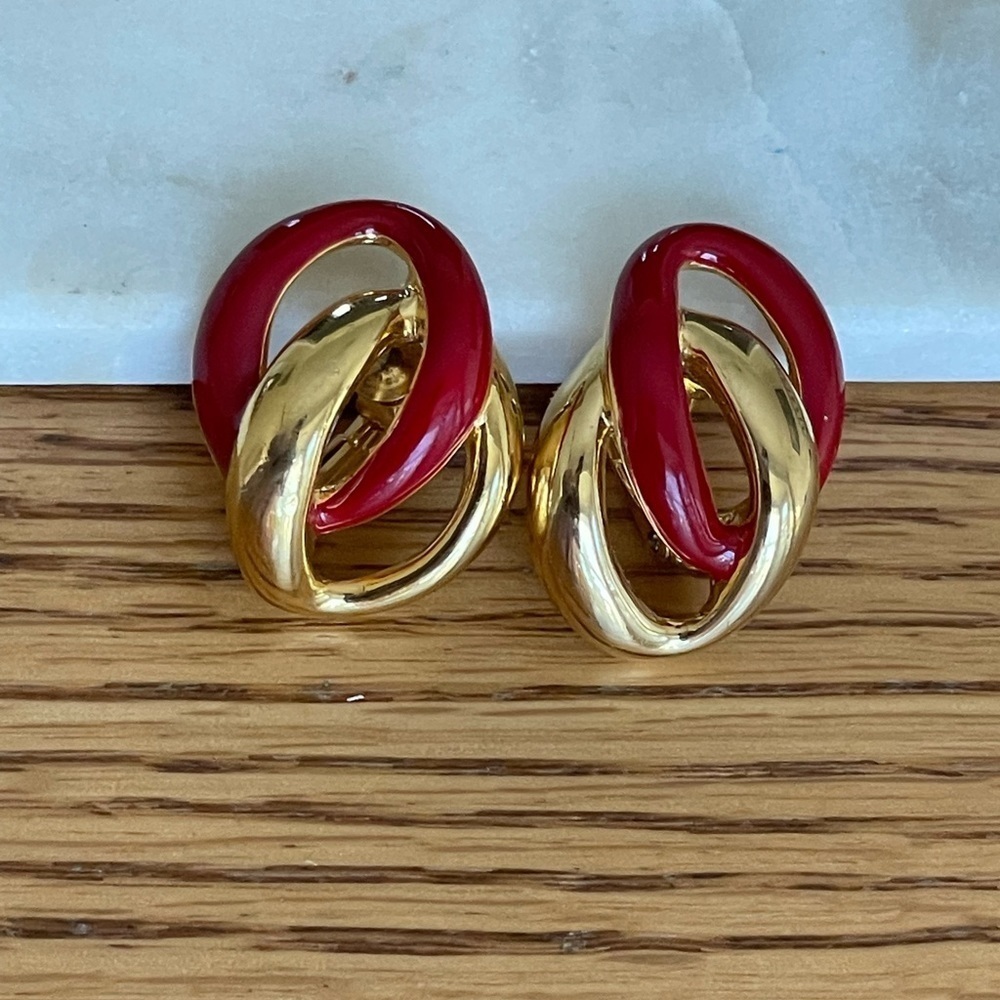 Earrings NAPIER Gold Tone Red Enamel Pierced Signed Large